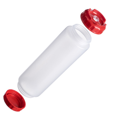 Емкость для соуса 1000 мл. d=75 мм. h=257 мм. c 2 крышками, с силик. носик. прозрачная, крышки красные GP /1/96/